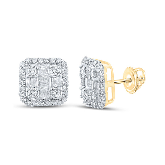 14kt Yellow Gold Mens Baguette Diamond Square Earrings 1/2 Cttw