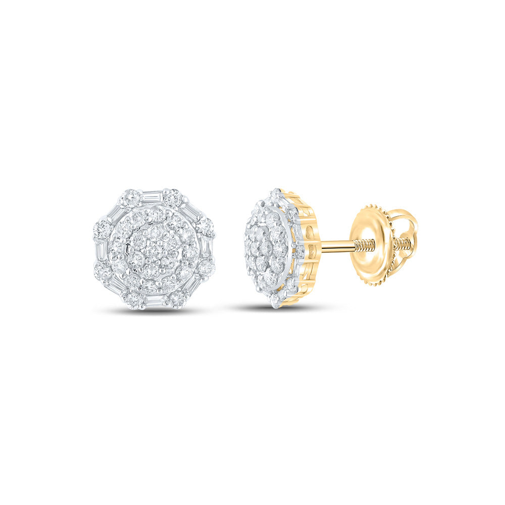 14kt Yellow Gold Mens Baguette Diamond Octagon Cluster Earrings 5/8 Cttw