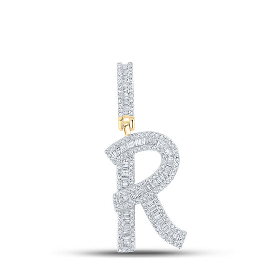 14kt Yellow Gold Mens Baguette Diamond R Initial Letter Charm Pendant 7/8 Cttw