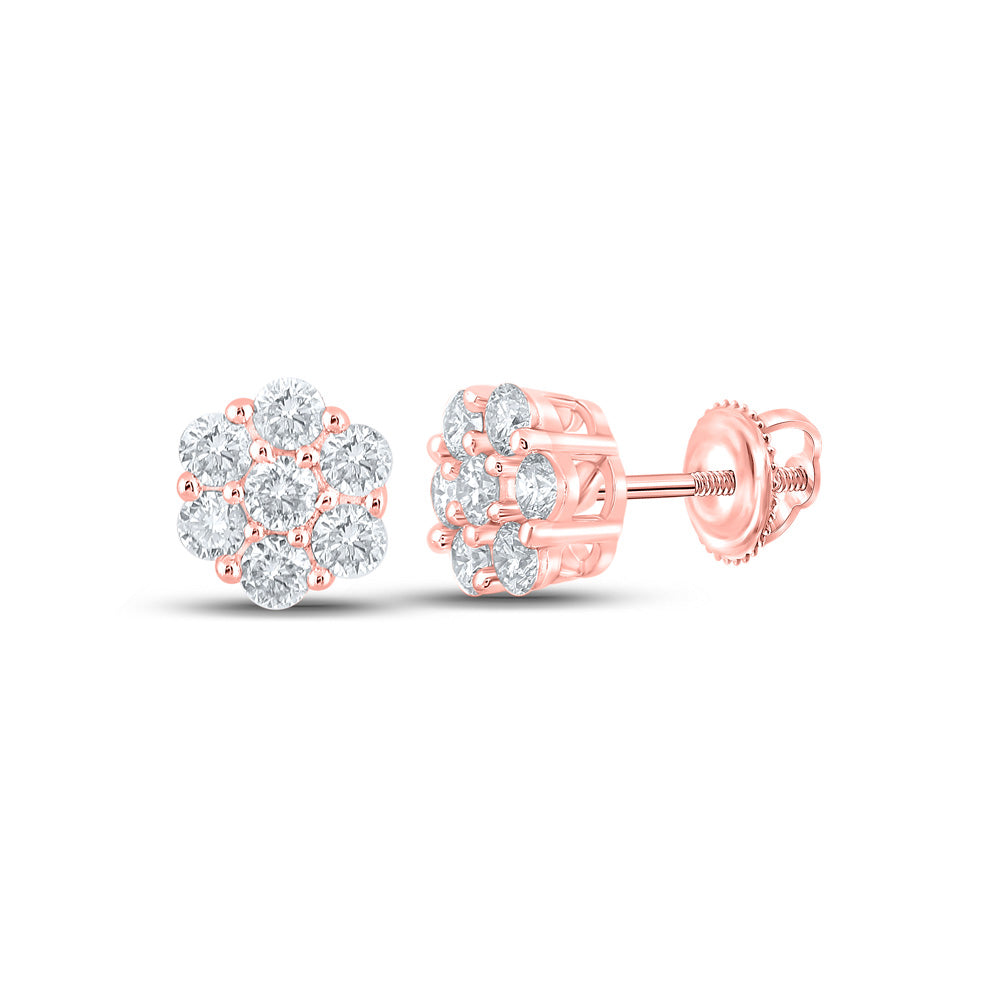 14kt Rose Gold Mens Round Diamond Flower Cluster Earrings 1/2 Cttw
