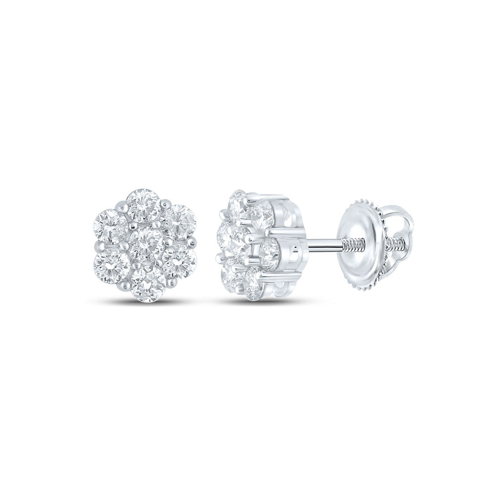 14kt White Gold Mens Round Diamond Flower Cluster Earrings 5/8 Cttw