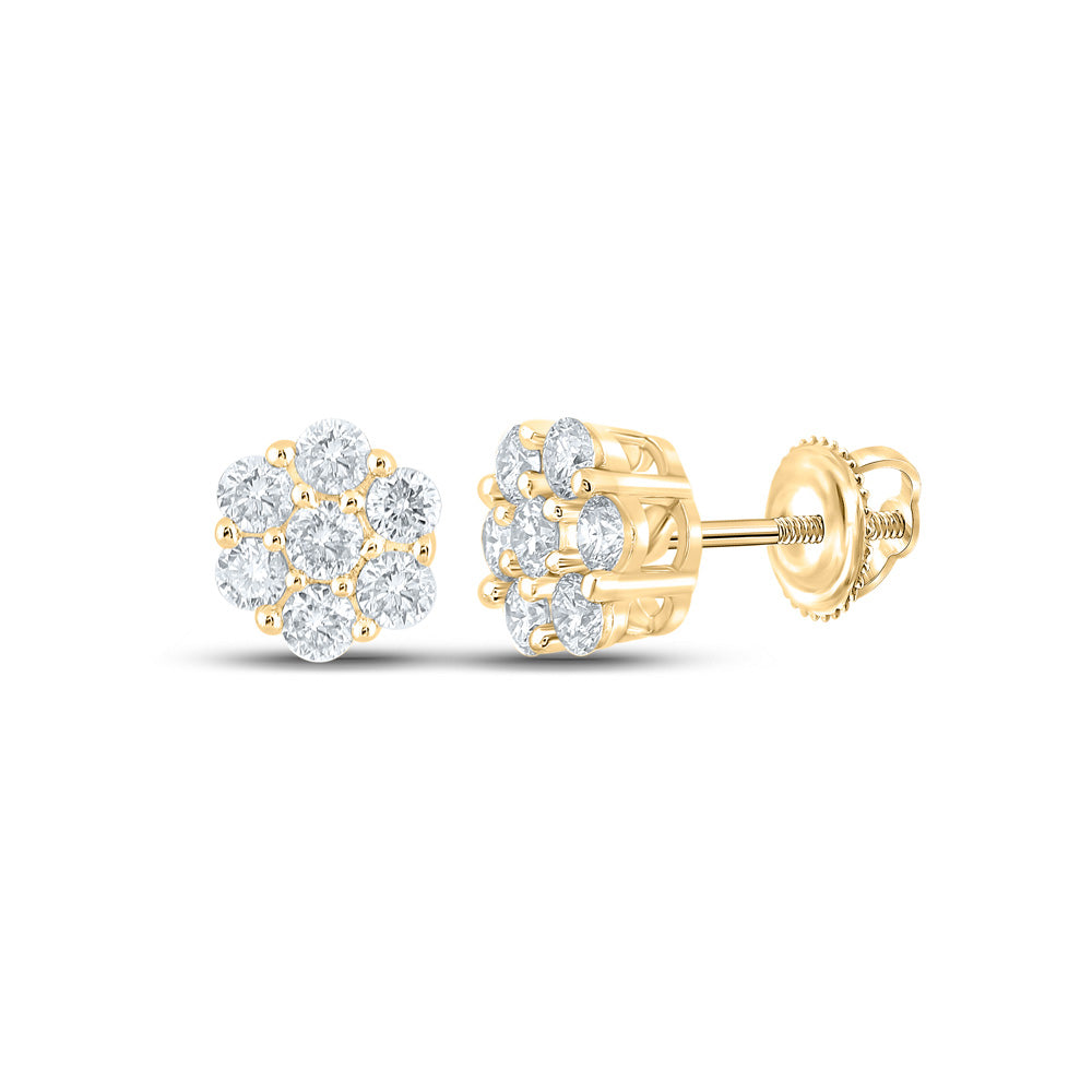 14kt Yellow Gold Mens Round Diamond Flower Cluster Earrings 3/4 Cttw