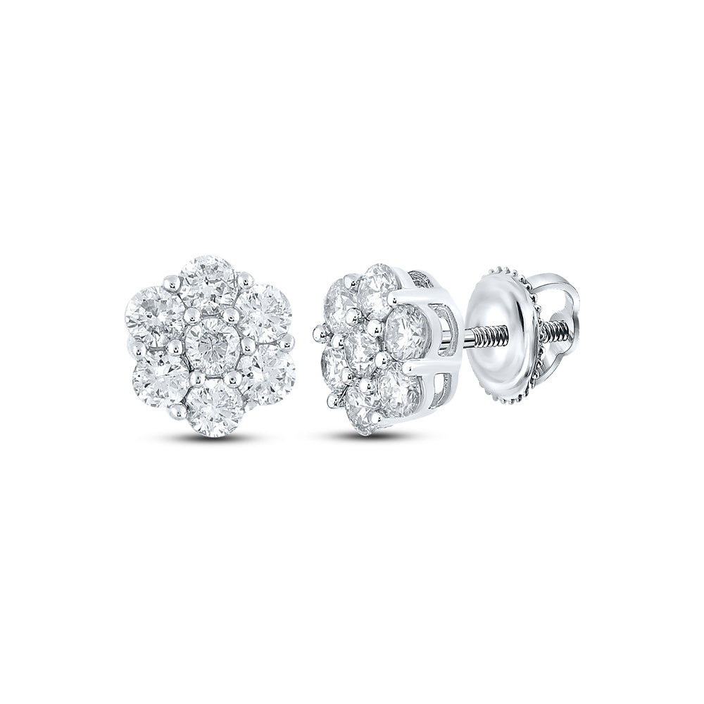 14kt White Gold Mens Round Diamond Flower Cluster Earrings 1 Cttw