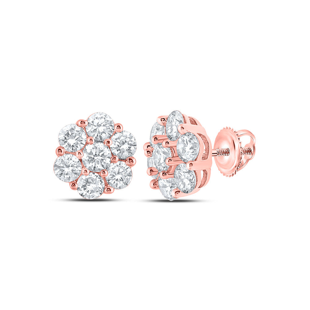 14kt Rose Gold Mens Round Diamond Flower Cluster Earrings 7/8 Cttw