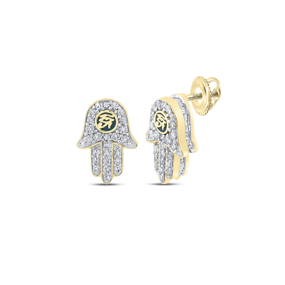 14kt Yellow Gold Mens Round Diamond Hamsa Earrings 5/8 Cttw