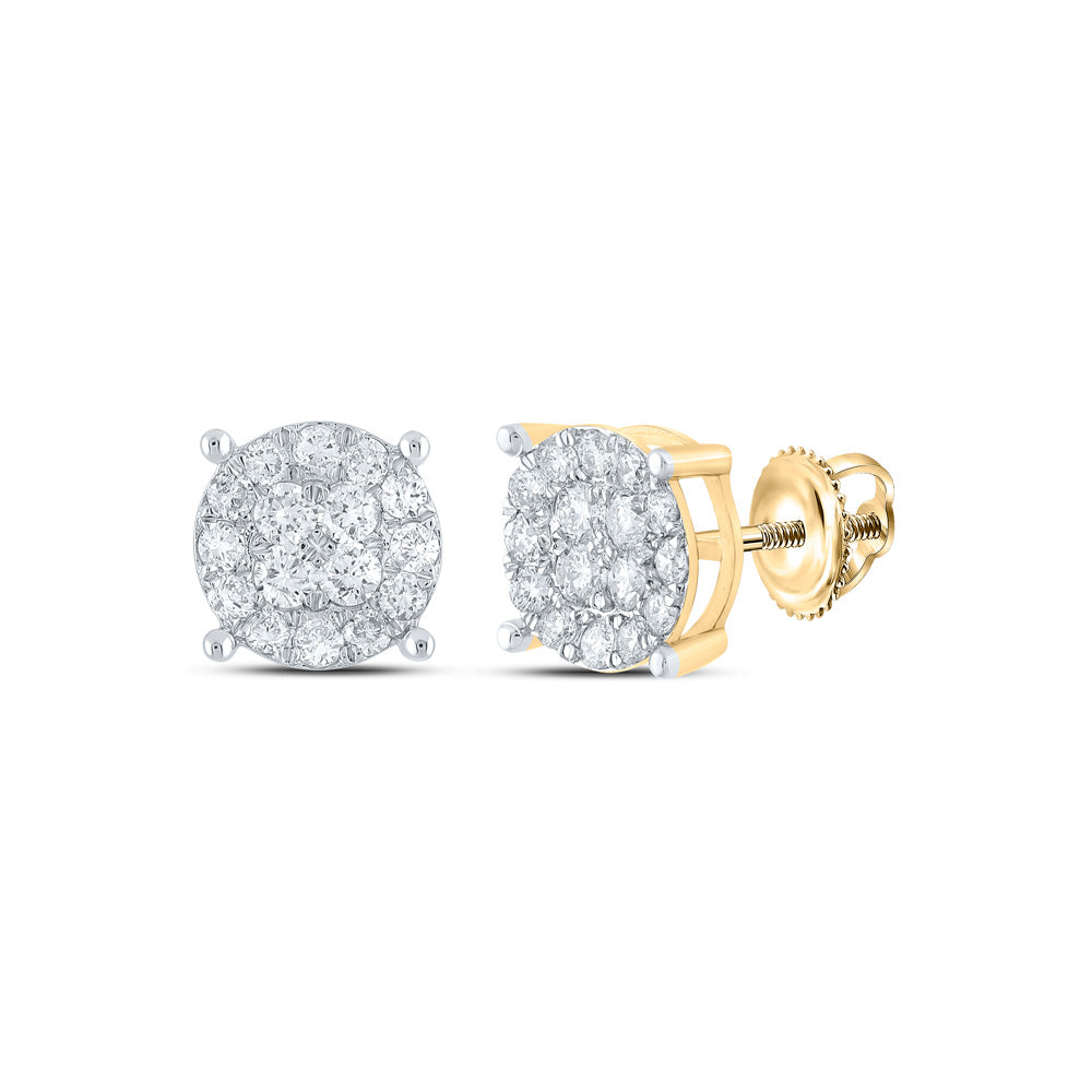 14kt Yellow Gold Mens Round Diamond Cluster Earrings 3/4 Cttw