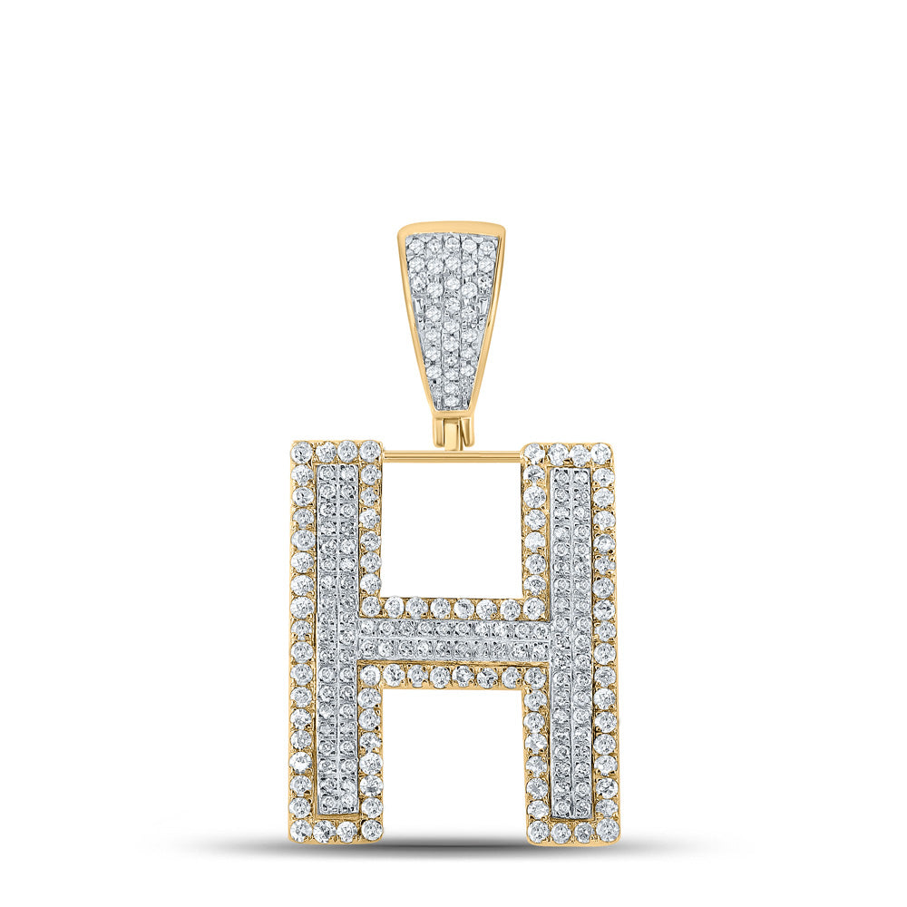 14kt Two-tone Gold Mens Round Diamond H Initial Letter Charm Pendant 7/8 Cttw