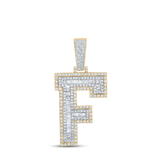 14kt Two-tone Gold Mens Baguette Diamond F Initial Letter Charm Pendant 1-1/2 Cttw