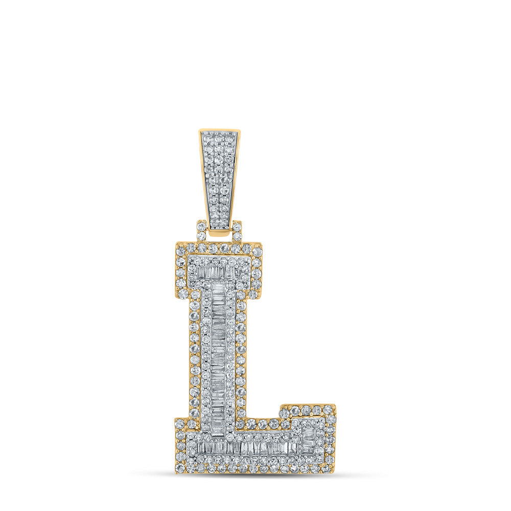 14kt Two-tone Gold Mens Baguette Diamond L Initial Letter Charm Pendant 1-1/2 Cttw