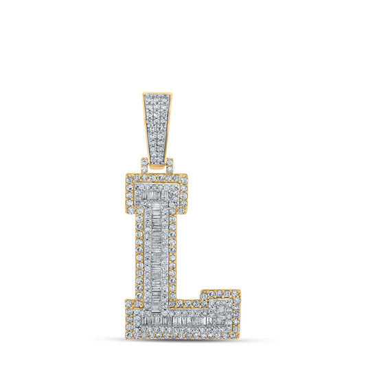 14kt Two-tone Gold Mens Baguette Diamond L Initial Letter Charm Pendant 1-1/2 Cttw