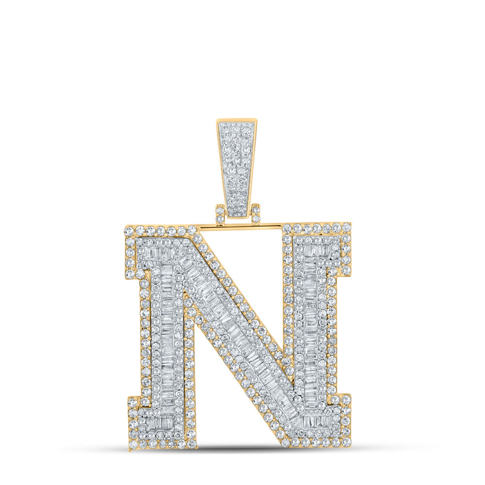 14kt Two-tone Gold Mens Baguette Diamond N Initial Letter Charm Pendant 2-5/8 Cttw