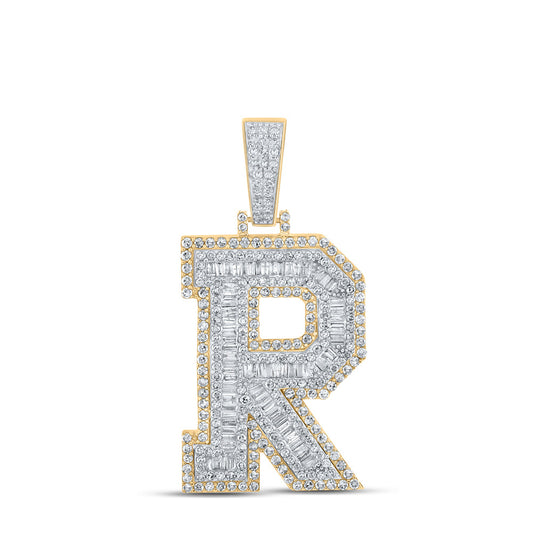 14kt Two-tone Gold Mens Baguette Diamond R Initial Letter Charm Pendant 2 Cttw