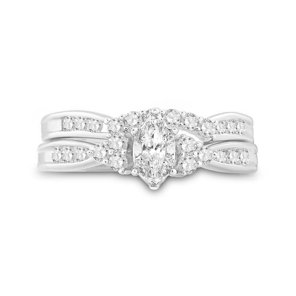 14kt White Gold Marquise Diamond Bridal Wedding Ring Band Set 1/2 Cttw