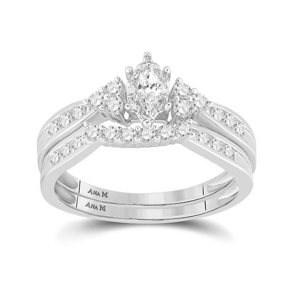 14kt White Gold Marquise Diamond Bridal Wedding Ring Band Set 1/2 Cttw