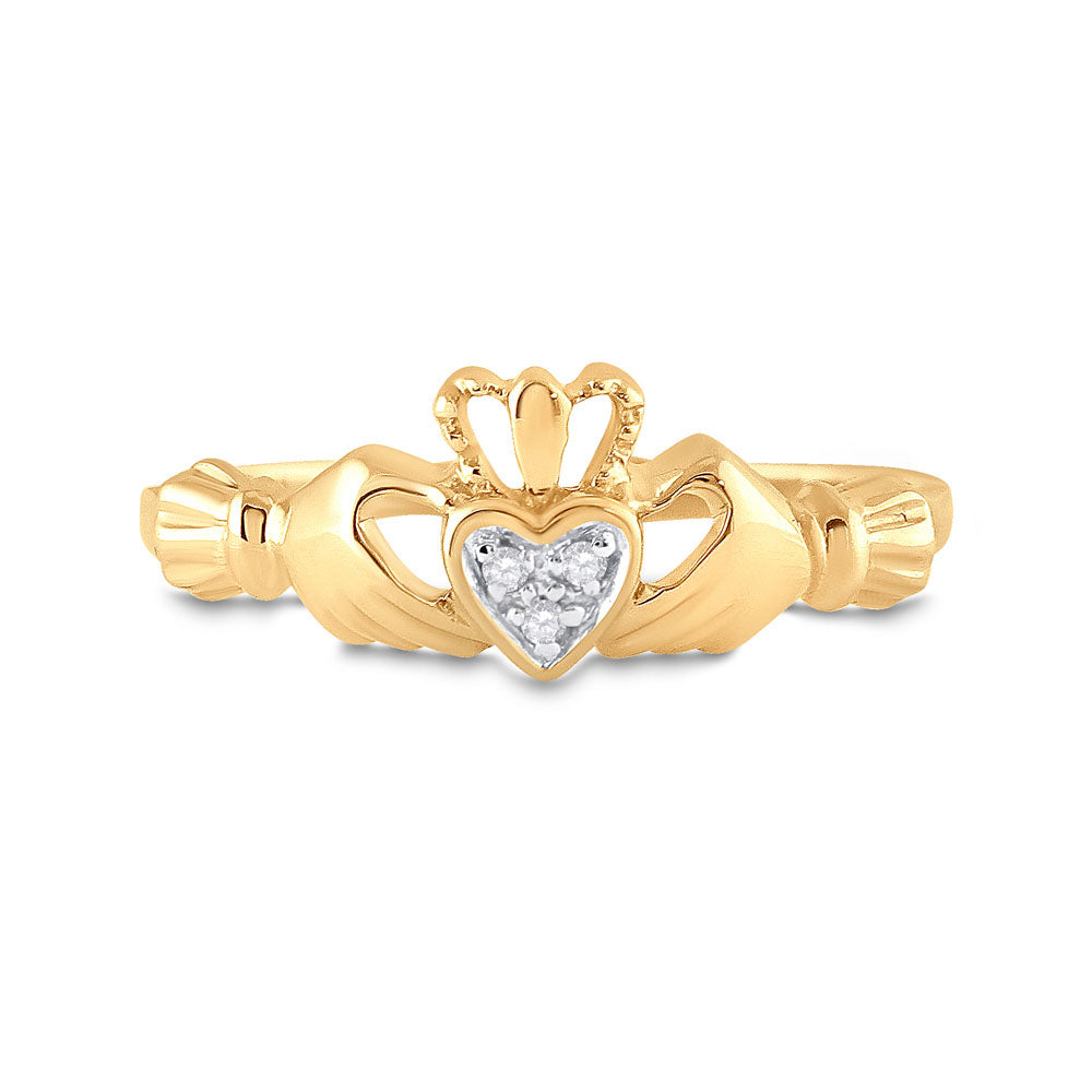 14kt Yellow Gold Womens Round Diamond Claddagh Heart Ring .02 Cttw
