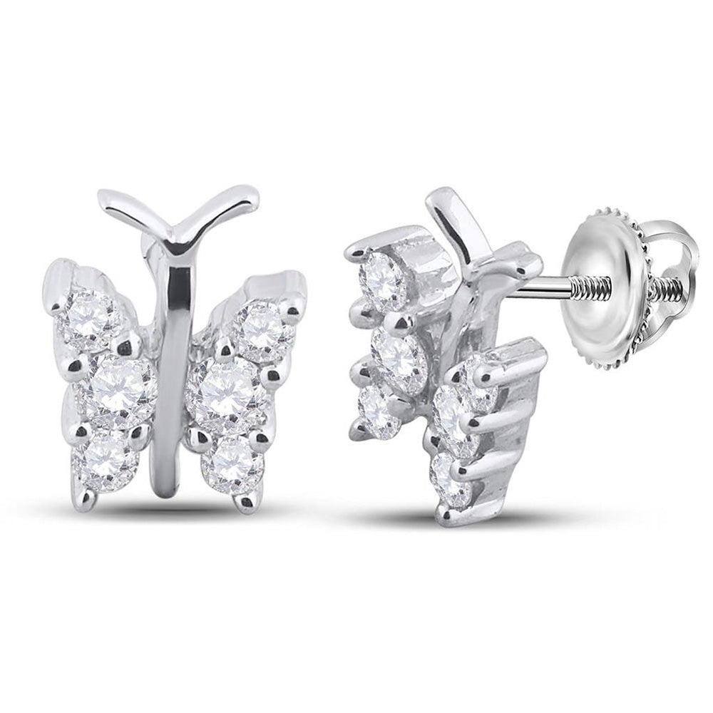 14kt White Gold Womens Round Diamond Butterfly Bug Earrings 1/3 Cttw