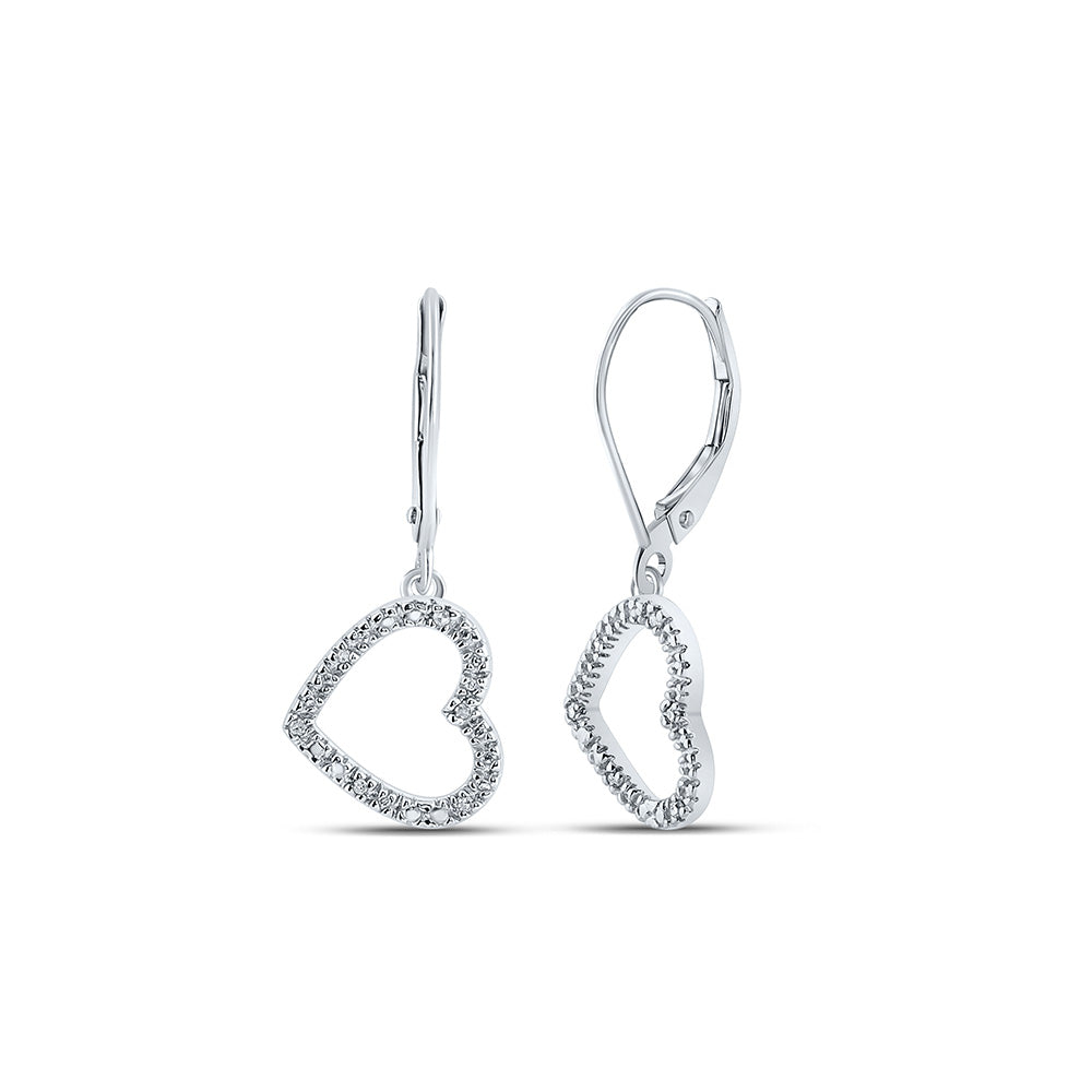 10kt White Gold Womens Round Diamond Heart Dangle Earrings 1/20 Cttw