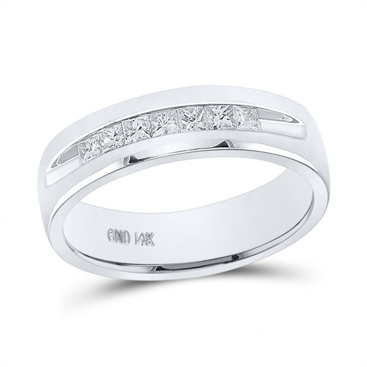 14kt White Gold Mens Princess Diamond Wedding Single Row Band Ring 1/2 Cttw