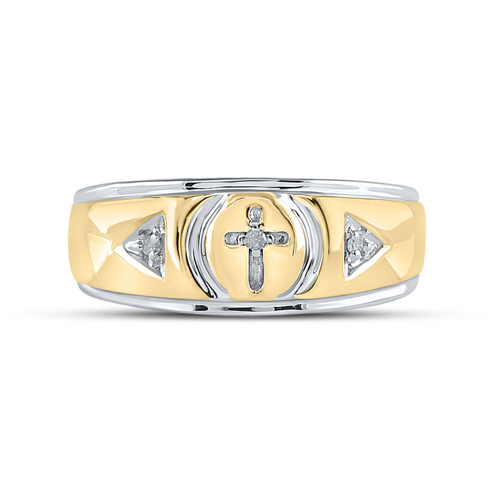 Yellow-tone Sterling Silver Mens Round Diamond Cross Wedding Band Ring 1/20 Cttw