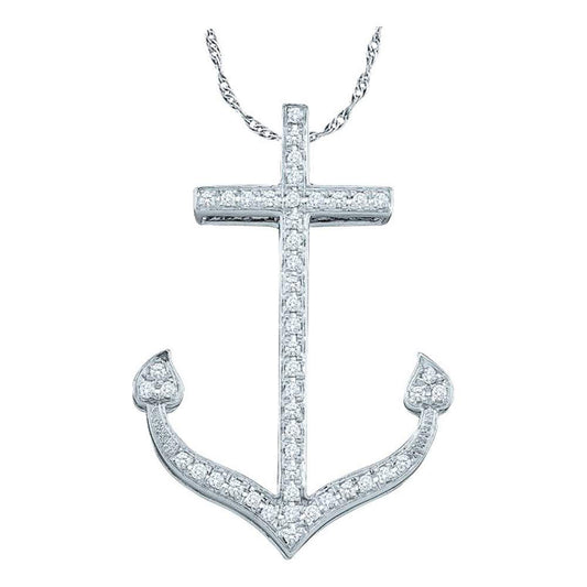 10kt White Gold Womens Round Diamond Anchor Nautical Pendant 1/6 Cttw