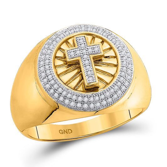 10kt Yellow Gold Mens Round Diamond Cross Fashion Ring 1/3 Cttw