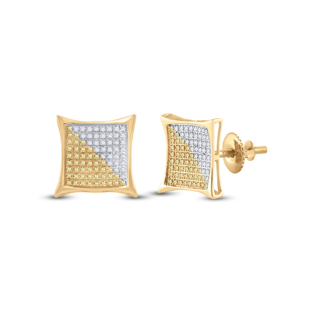 10kt Yellow Gold Mens Round Yellow Color Enhanced Diamond Kite Square Earrings 1/2 Cttw