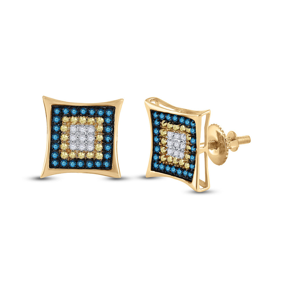 10kt Yellow Gold Mens Yellow Blue Color Enhanced Diamond Square Cluster Earrings 1/3 Cttw