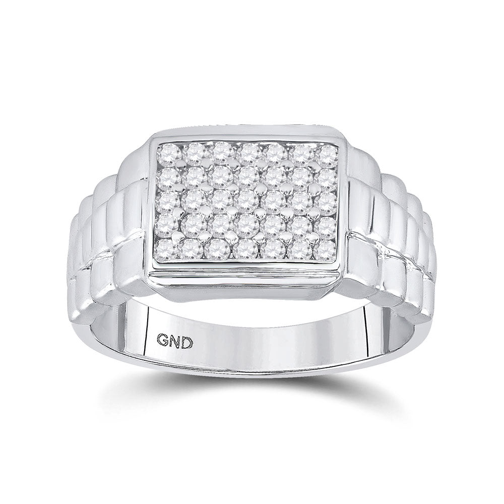 10kt White Gold Mens Round Diamond Rectangle Cluster Ribbed Ring 1/2 Cttw