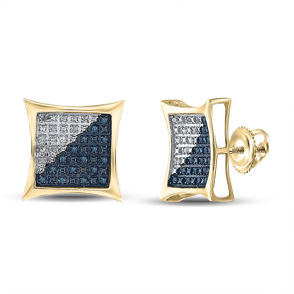 Yellow-tone Sterling Silver Mens Blue Color Enhanced Diamond Square Earrings 1/6 Cttw