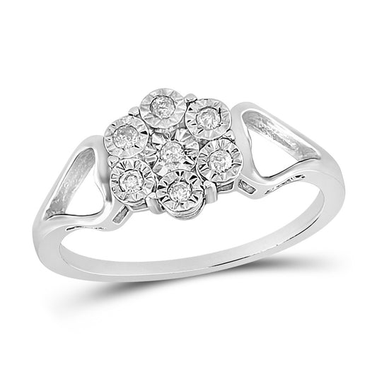 Sterling Silver Womens Round Diamond Illusion-set Flower Cluster Ring 1/8 Cttw