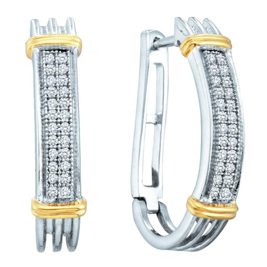 Two-tone Sterling Silver Womens Round Diamond Oblong Hoop Earrings 1/6 Cttw