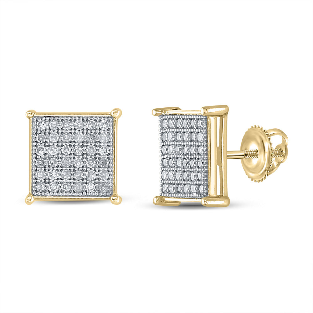 Yellow-tone Sterling Silver Mens Round Diamond Square Earrings 1/4 Cttw