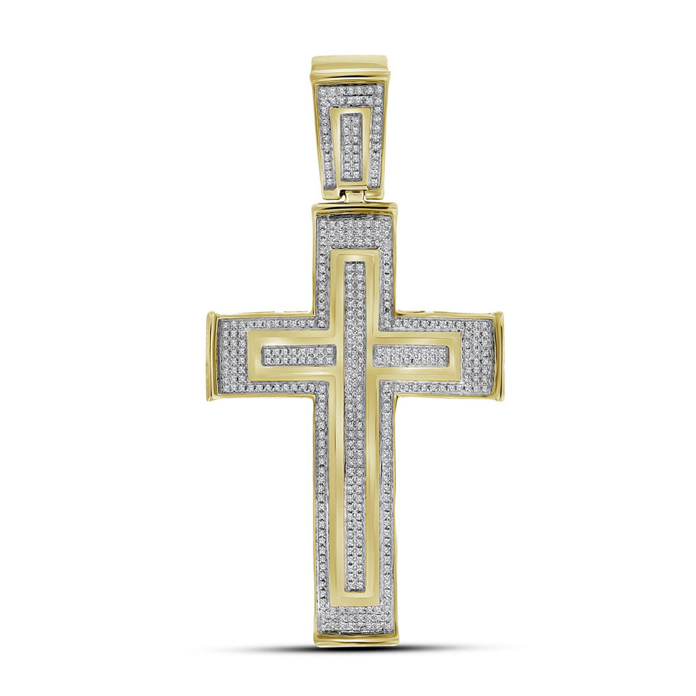 10kt Yellow Gold Mens Round Diamond Cross Crucifix Charm Pendant 7/8 Cttw