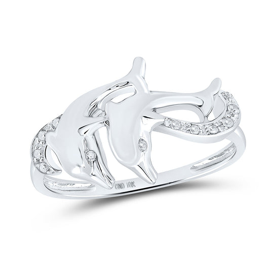 10kt White Gold Womens Round Diamond Double Dolphin Accent Ring 1/20 Cttw