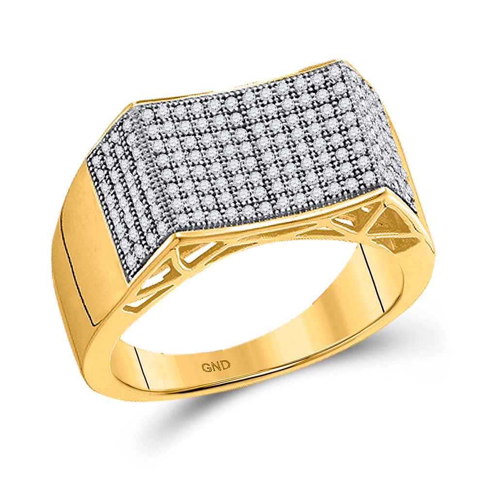 10kt Yellow Gold Mens Round Pave-set Diamond Concave Rectangle Cluster Ring 1/2 Cttw