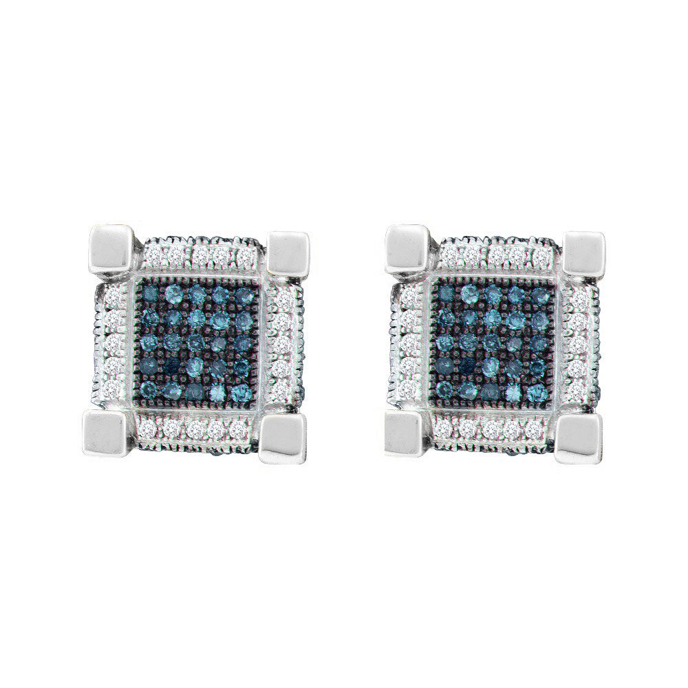 10kt White Gold Mens Round Blue Color Enhanced Diamond 3D Cube Square Earrings 3/4 Cttw
