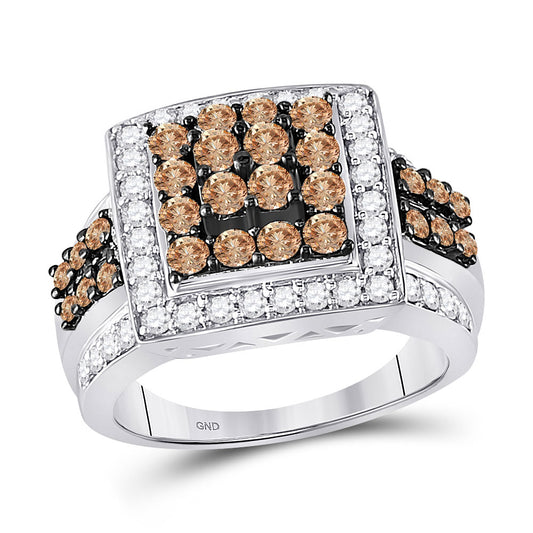 10kt White Gold Womens Round Brown Diamond Square Cluster Ring 1-1/2 Cttw