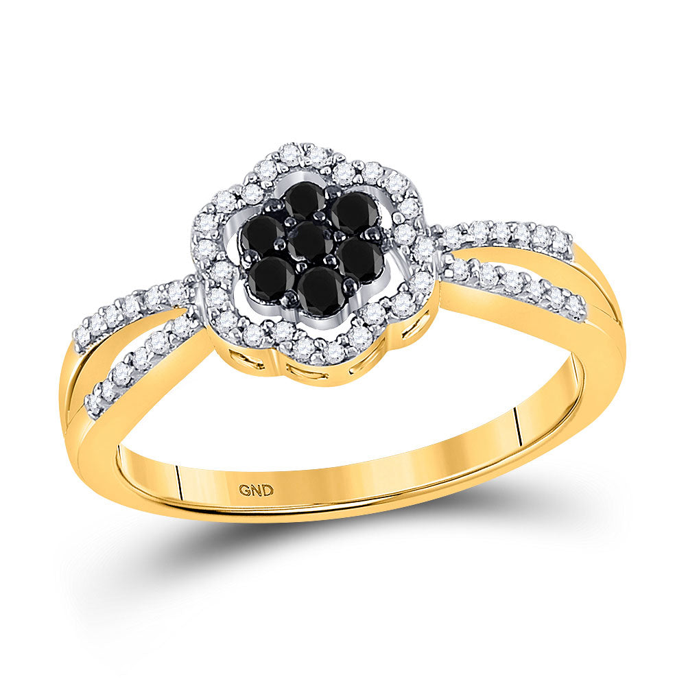 10kt Yellow Gold Womens Round Black Color Enhanced Diamond Flower Cluster Ring 1/3 Cttw