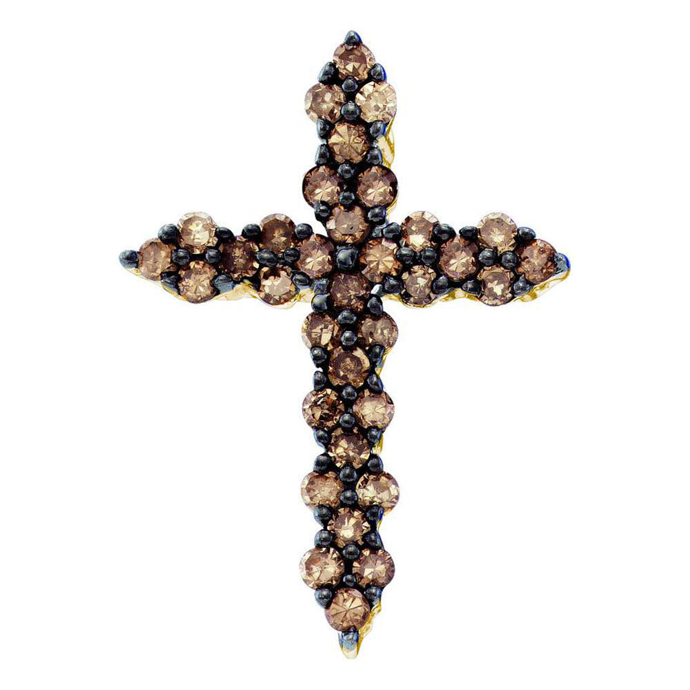 10kt Yellow Gold Womens Round Brown Diamond Cross Pendant 1/2 Cttw