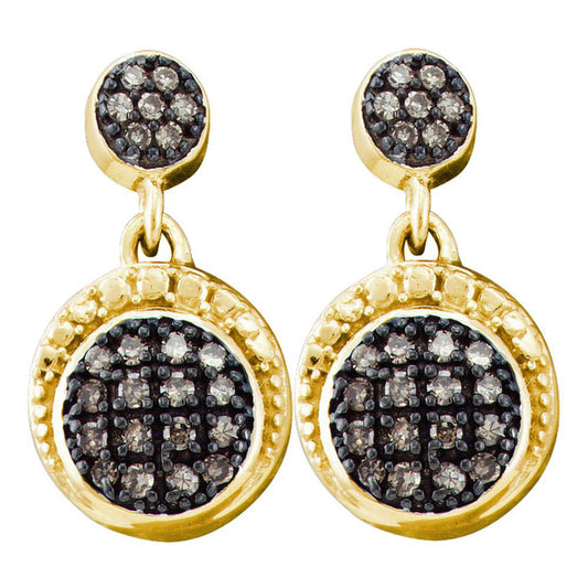 10kt Yellow Gold Womens Round Brown Diamond Dangle Earrings 1/4 Cttw
