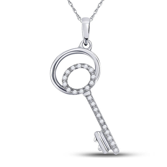 10kt White Gold Womens Round Diamond Key Pendant 1/12 Cttw