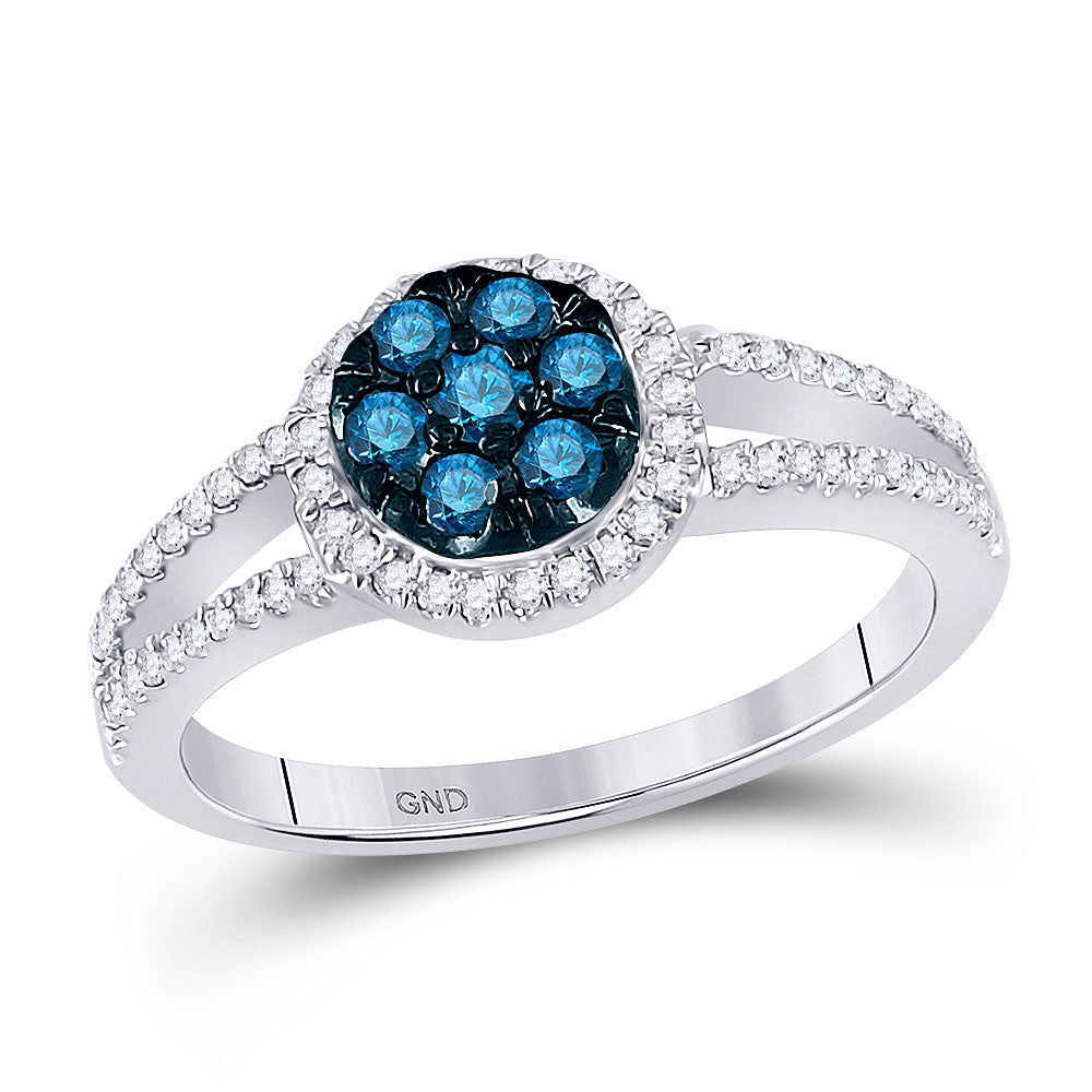 10kt White Gold Womens Round Blue Color Enhanced Diamond Cluster Ring 1/2 Cttw