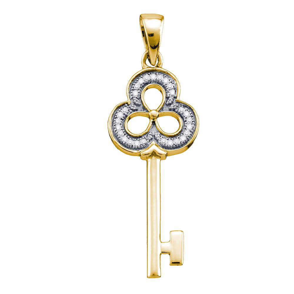 Yellow-tone Sterling Silver Womens Round Diamond Trefoil Key Pendant 1/12 Cttw