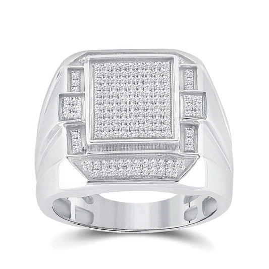 Sterling Silver Mens Round Diamond Rectangle Fashion Ring 1/2 Cttw