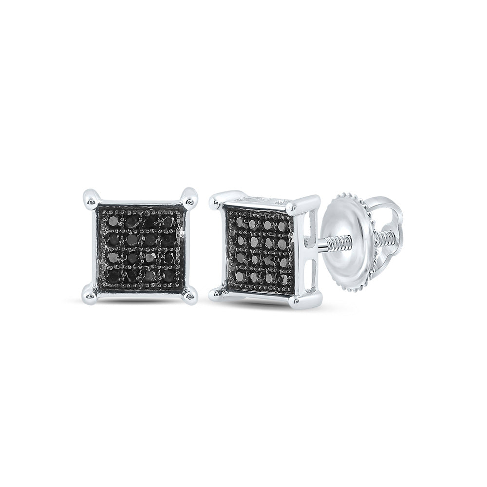 Sterling Silver Mens Round Black Color Enhanced Diamond Square Earrings 1/10 Cttw