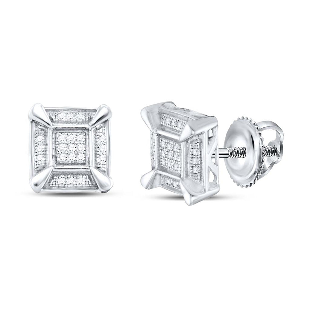 Sterling Silver Mens Round Diamond Square Cluster Stud Earrings 1/8 Cttw