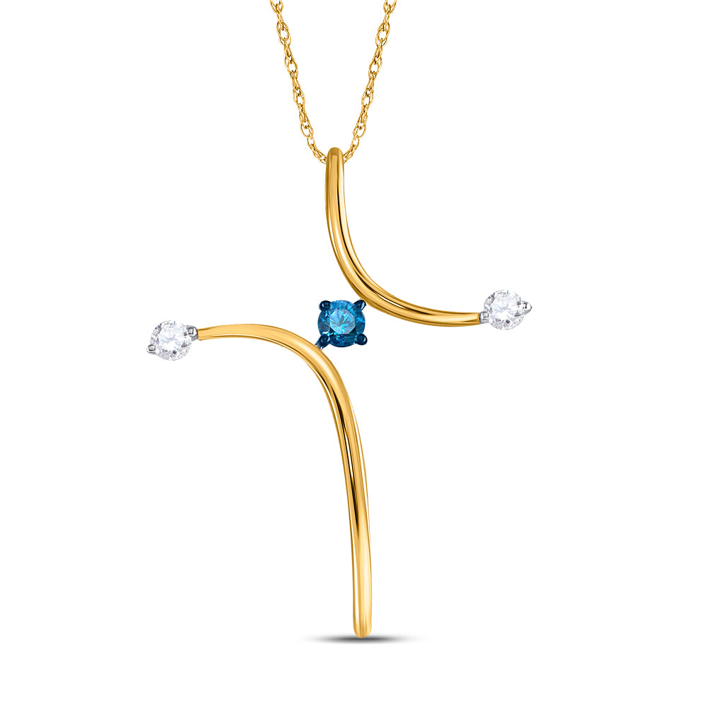 10k Yellow Gold Blue Color Enhanced Diamond Womens Cross Spiritual Pendant 1/4 Cttw