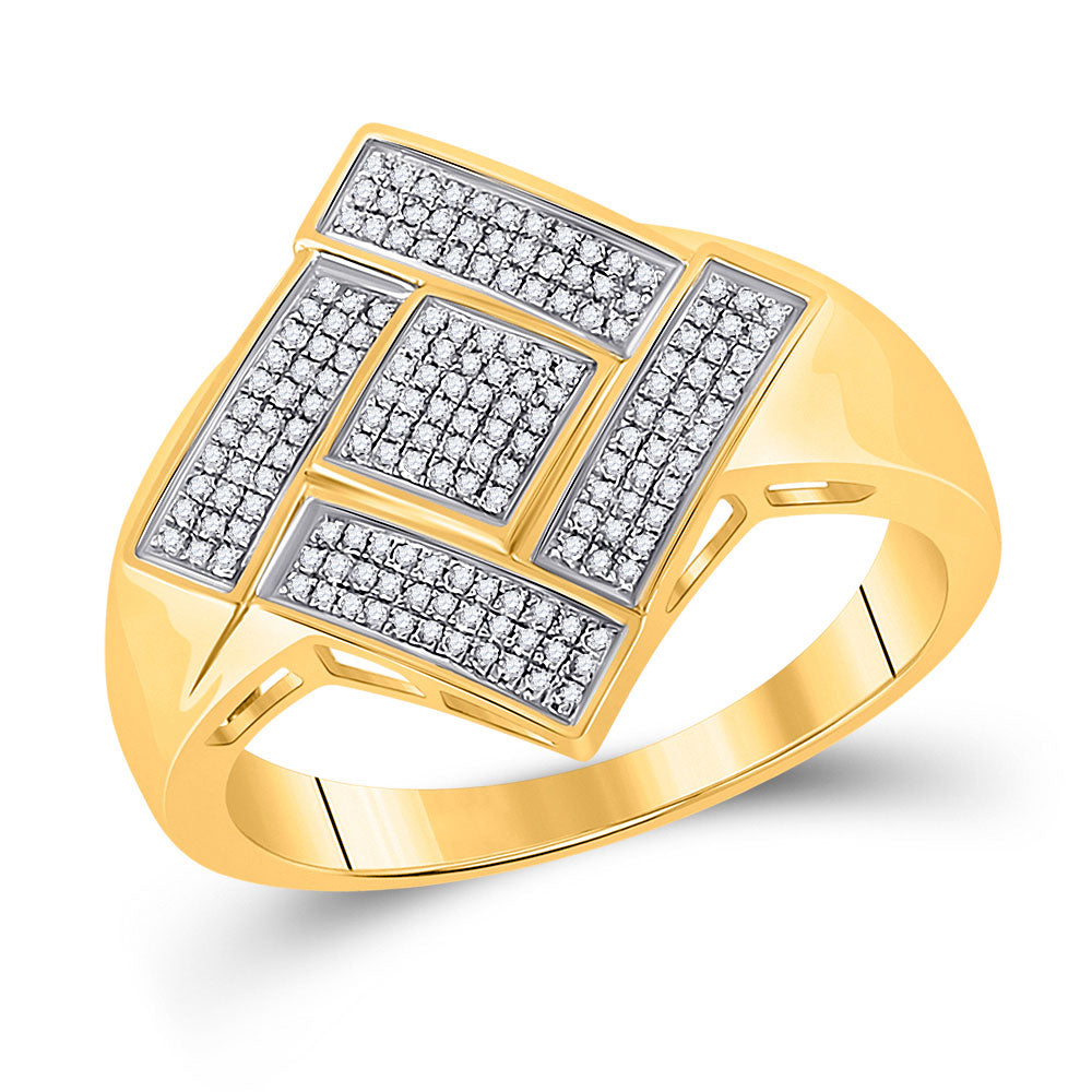 10kt Yellow Gold Mens Round Diamond Diagonal Offset Square Ring 1/3 Cttw