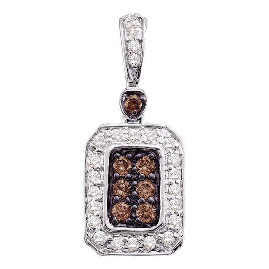 10kt White Gold Womens Round Brown Diamond Rectangle Cluster Pendant 1/4 Cttw