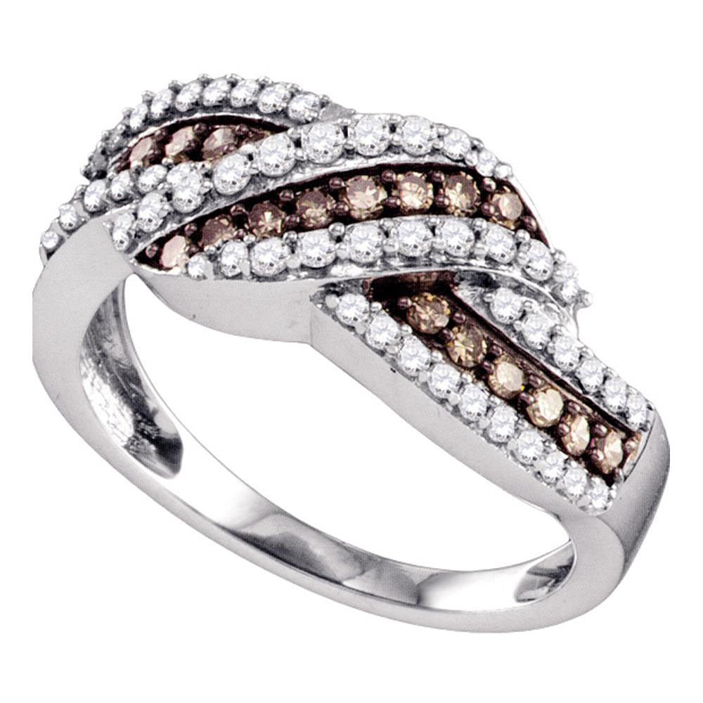 10kt White Gold Womens Round Brown Diamond Crossover Band Ring 3/4 Cttw